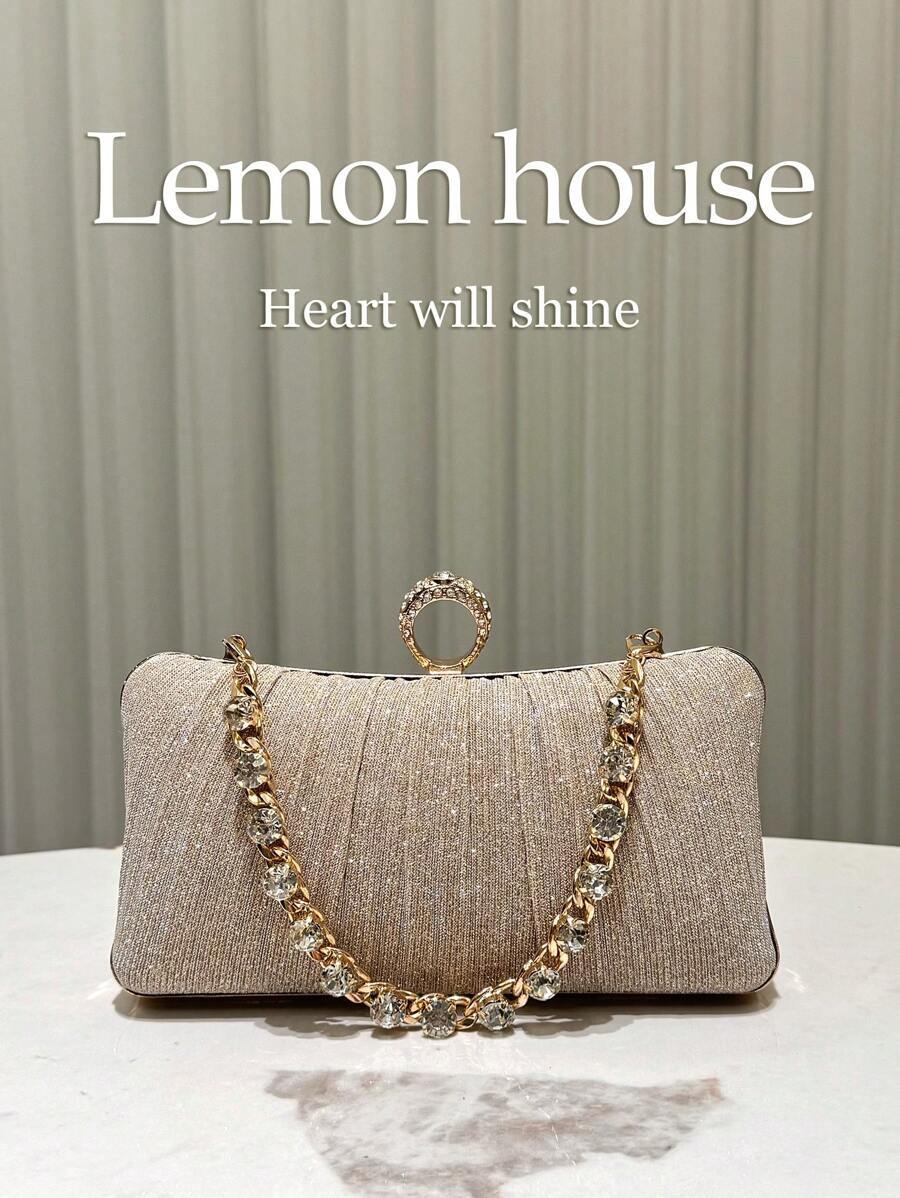 バッグ レディース ドレスバッグ 1個シャンパンカラーのキラキラプリーツエレガントなクラッチバッグ、ラインストーンチェーンストラッ拍卖