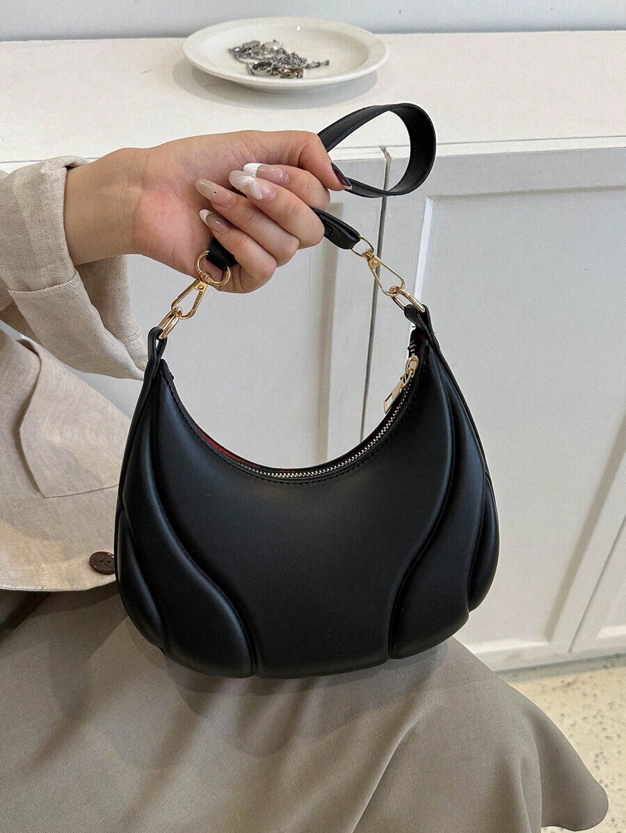 バッグ レディース ショルダーバッグ ファスナー付き PU ソリッドカラー 肩掛けバッグ、クレセント型、おしゃれなレトロなワークシ拍卖