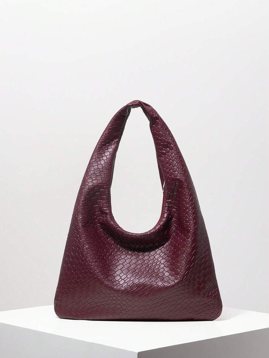 バッグ レディース トートバッグ ビンテージPU編み込みパターンショルダートートバッグ、大容量、バーガンディ色、月型、ファスナー付拍卖