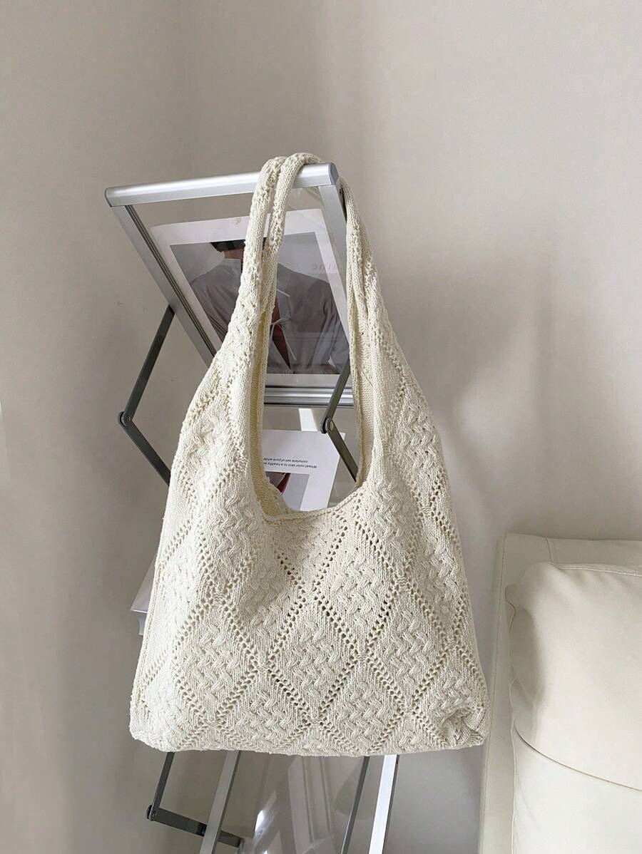 バッグ レディース トートバッグ 女性用 かぎ編みトートバッグ、中空 無地、外出ショッピングに最適なバケーションスタイル拍卖