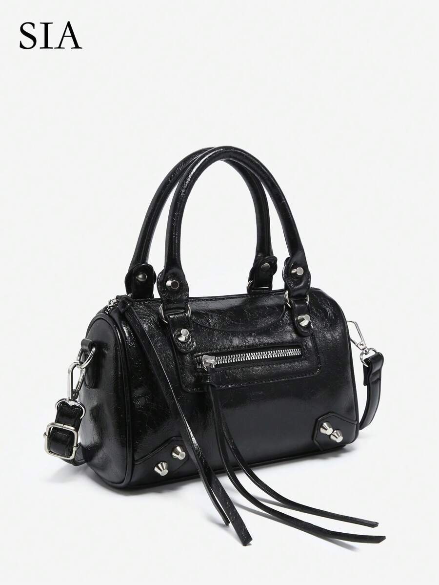 バッグ レディース ハンドバッグ 1個 レトロY2Kスタイル女性用バイカーパンク調リベット装飾フェイクオイルワックスレザートートバ拍卖