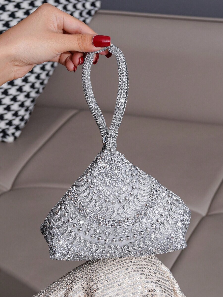 バッグ レディース ドレスバッグ ラインストーン装飾ミニクラッチバッグ、非対称形状のハンドバッグ、装飾タッセル付き、パーティーや集拍卖