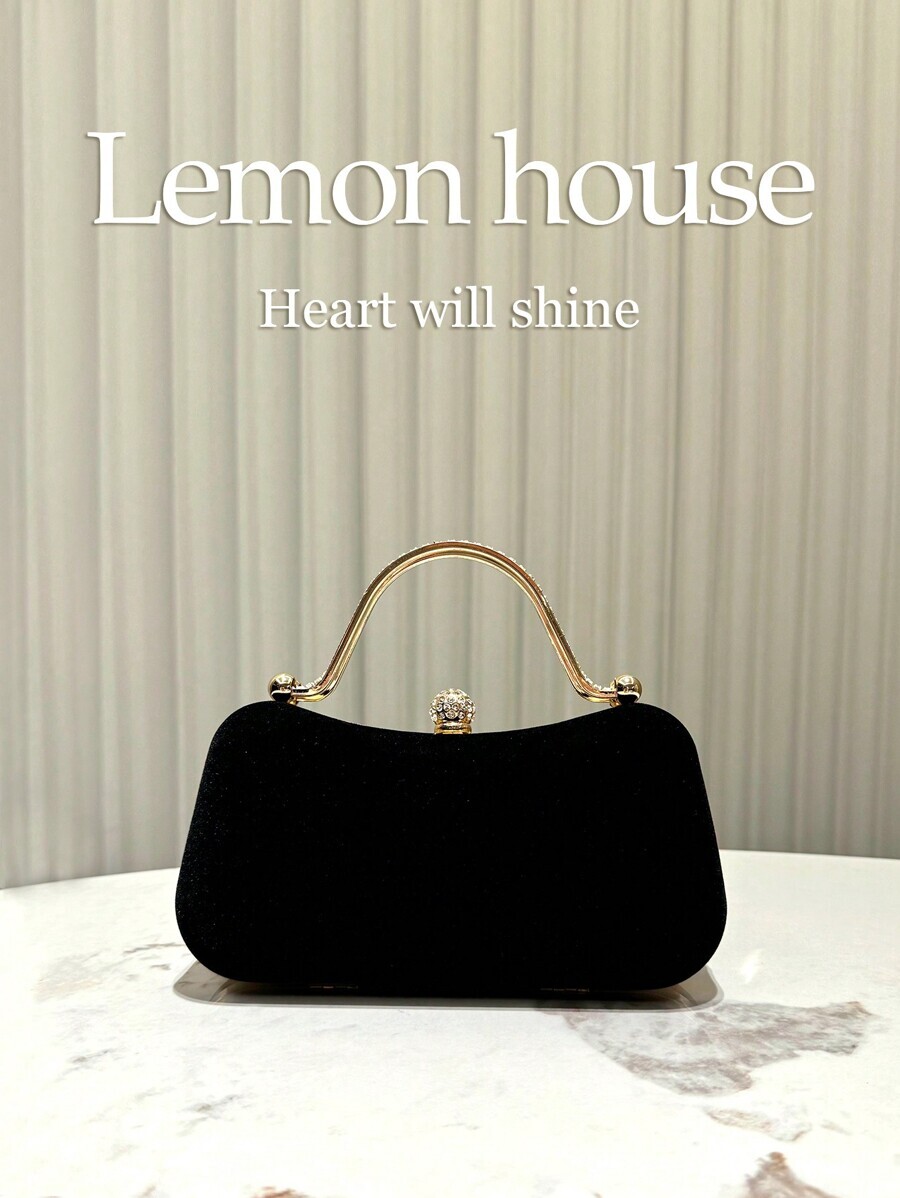 バッグ レディース ドレスバッグ 1個 ブラック ベルベット エレガント クリスタルデコレーション ハンドバッグ、ファッション パ拍卖