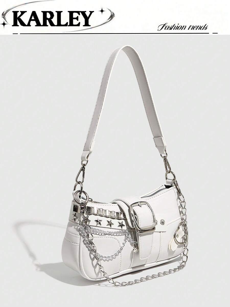 バッグ レディース ショルダーバッグ Y2Kファッショナブルで汎用性の高い、スター&ムーンデザインのユニークなシルバーミレニアムシ拍卖