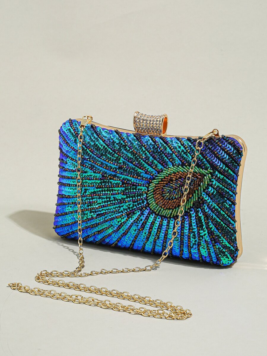 バッグ レディース ドレスバッグ ビーズ付きスパンコールピーコック刺繍 イブニングクラッチバッグ パーティー 結婚式 財布拍卖
