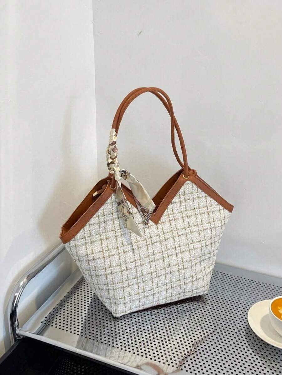 バッグ レディース トートバッグ リボン装飾 軽量 ポータブル カジュアル チェック柄 細身スカーフ装飾 ツイードショルダートート拍卖