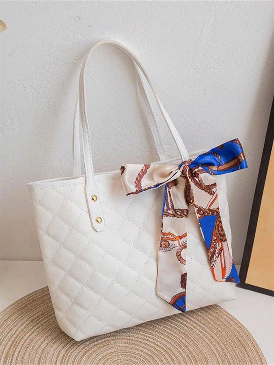 バッグ レディース トートバッグ 1個 PU素材キルティング ダイヤ柄 フラワー刺繍 スカーフデコ トートバッグ、大容量、軽量、多拍卖