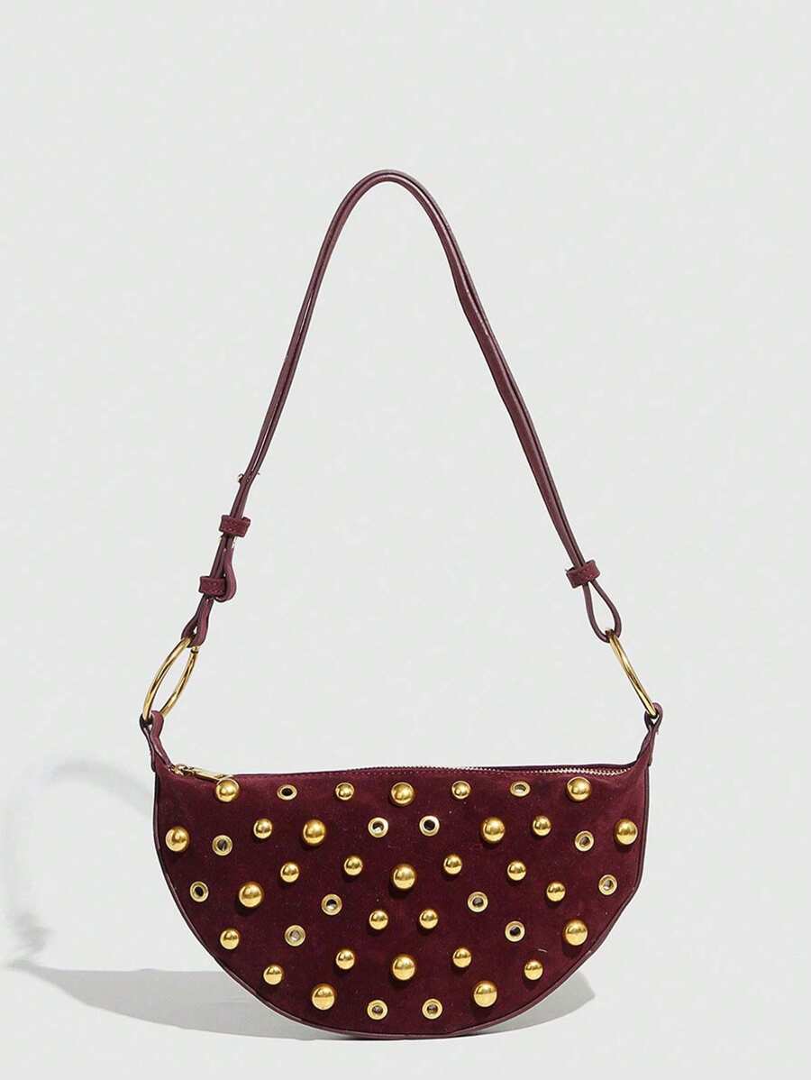 バッグ レディース ショルダーバッグ バーガンディ ハーフムーン レザー アイレット クロスボディバッグ、ミニマリスト、ショッピン拍卖