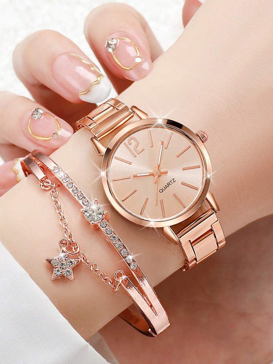 腕時計 レディース セット 女性用 ローズゴールド 合金バンド 円型文字盤 クォーツ腕時計 1個と、ラインストーン装飾ブレスレット拍卖