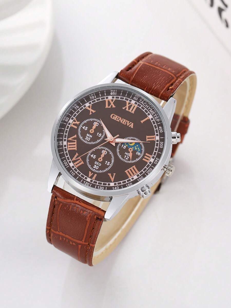 腕時計 メンズ クォーツ 1個 ブラウンレザー ラウンド クォーツ 腕時計、ビジネスカジュアル メンズファッション ウォッチ拍卖