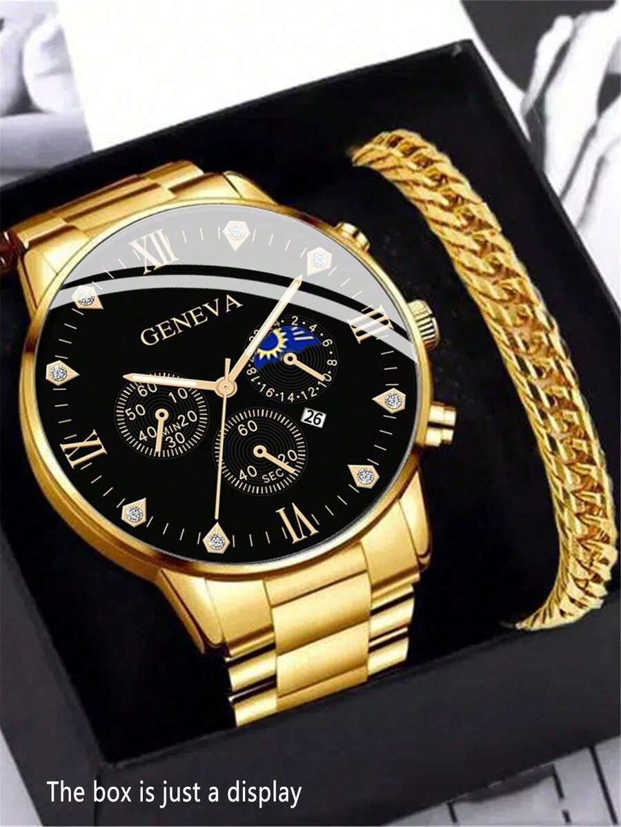 腕時計 メンズ セット メンズクォーツ腕時計 ステンレススチールバンド ゴールド ラインストーン装飾 + ブレスレット 1個セット拍卖