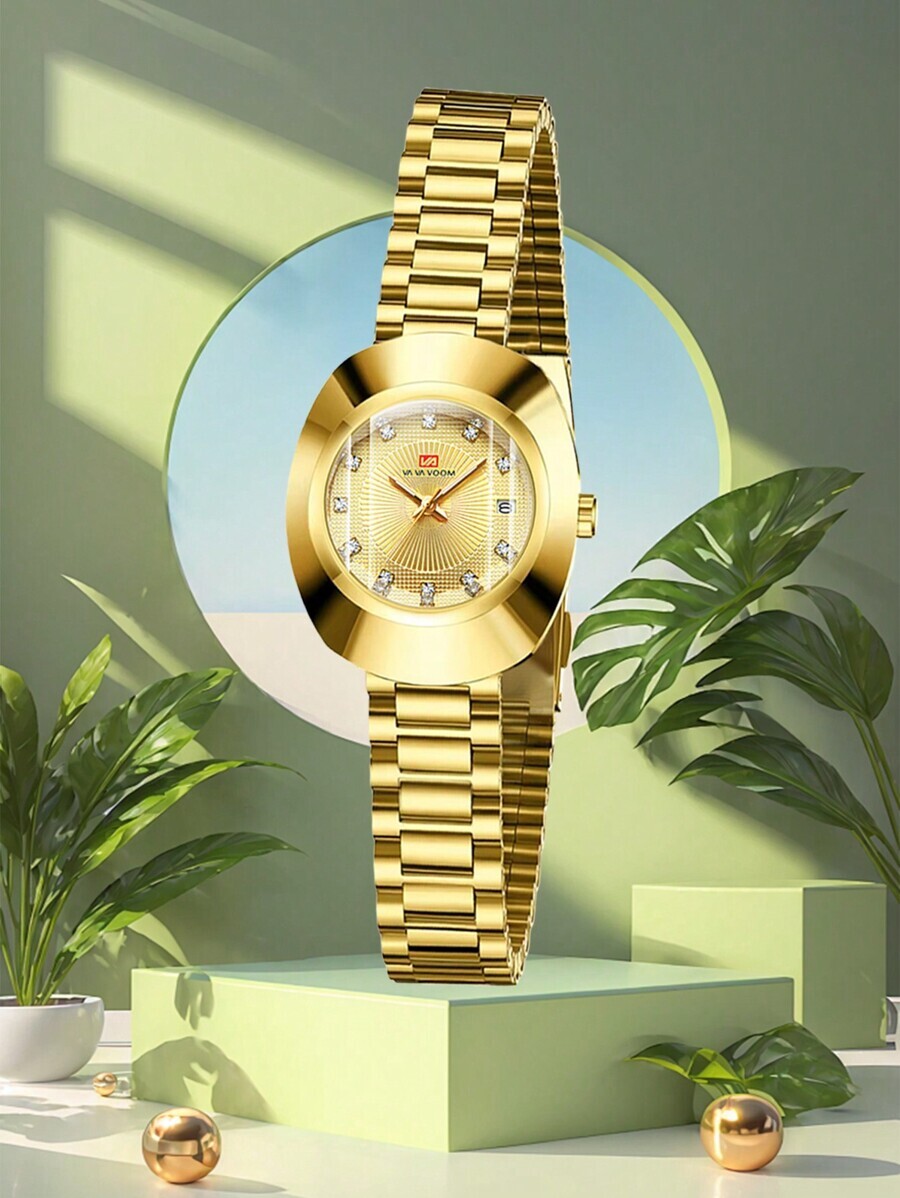 腕時計 レディース クォーツ 1個 新作 ゴールド楕円形文字盤 レディース 防水腕時計、洗練された豪華なスタイル、カレンダー ライ拍卖