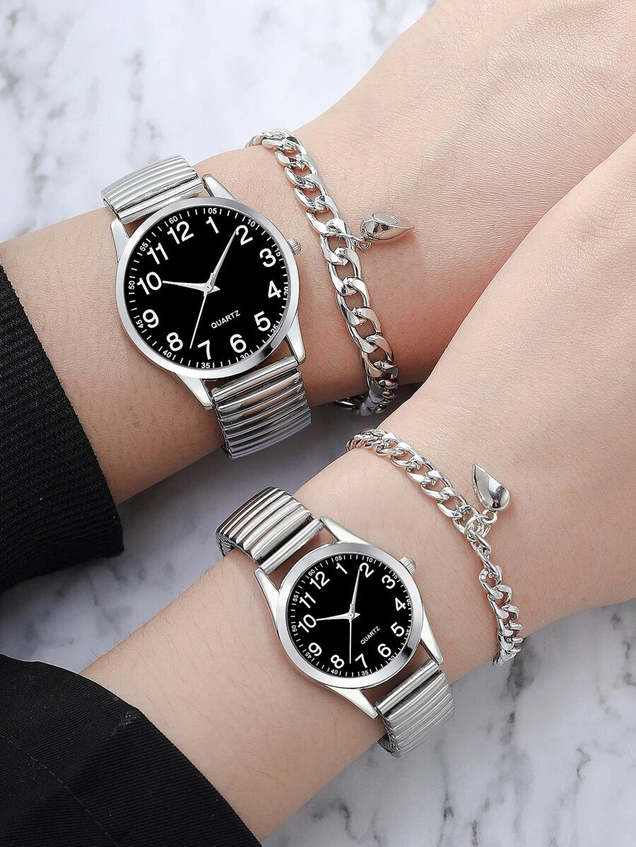 腕時計 レディース セット 4点セット カップルウォッチ エラスティック ストラップ ファッションデジタルスケールダイヤル メンズ拍卖