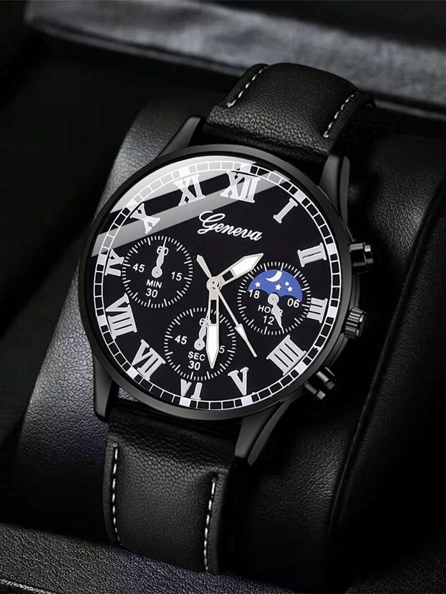 腕時計 メンズ クォーツ シンプルでスタイリッシュなビジネス3針デジタルローマンポインター ブラックレザーメンズ腕時計、カジュアル拍卖