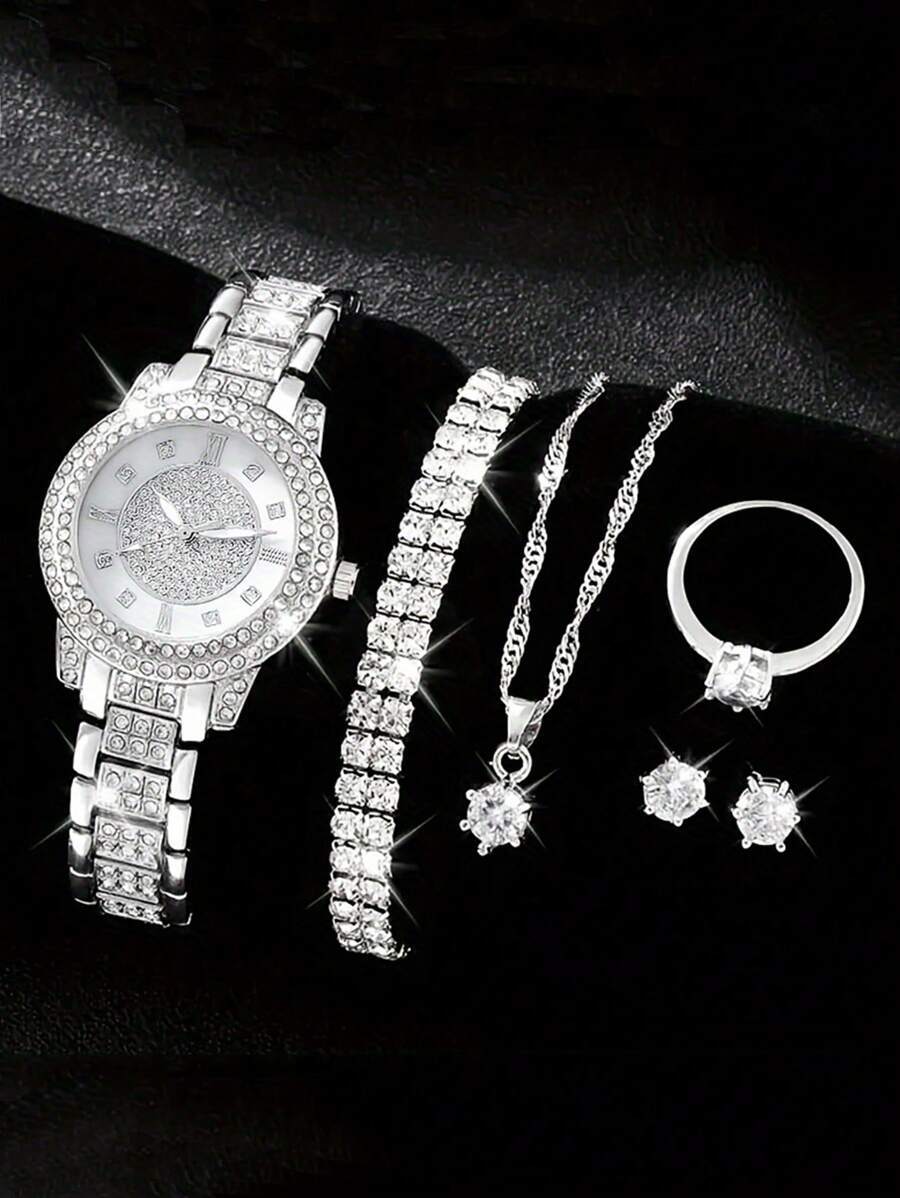 腕時計 レディース セット 1セット レディースファッションジュエリー、ダイヤモンド装飾クォーツ腕時計、ブレスレット、ラインストー拍卖