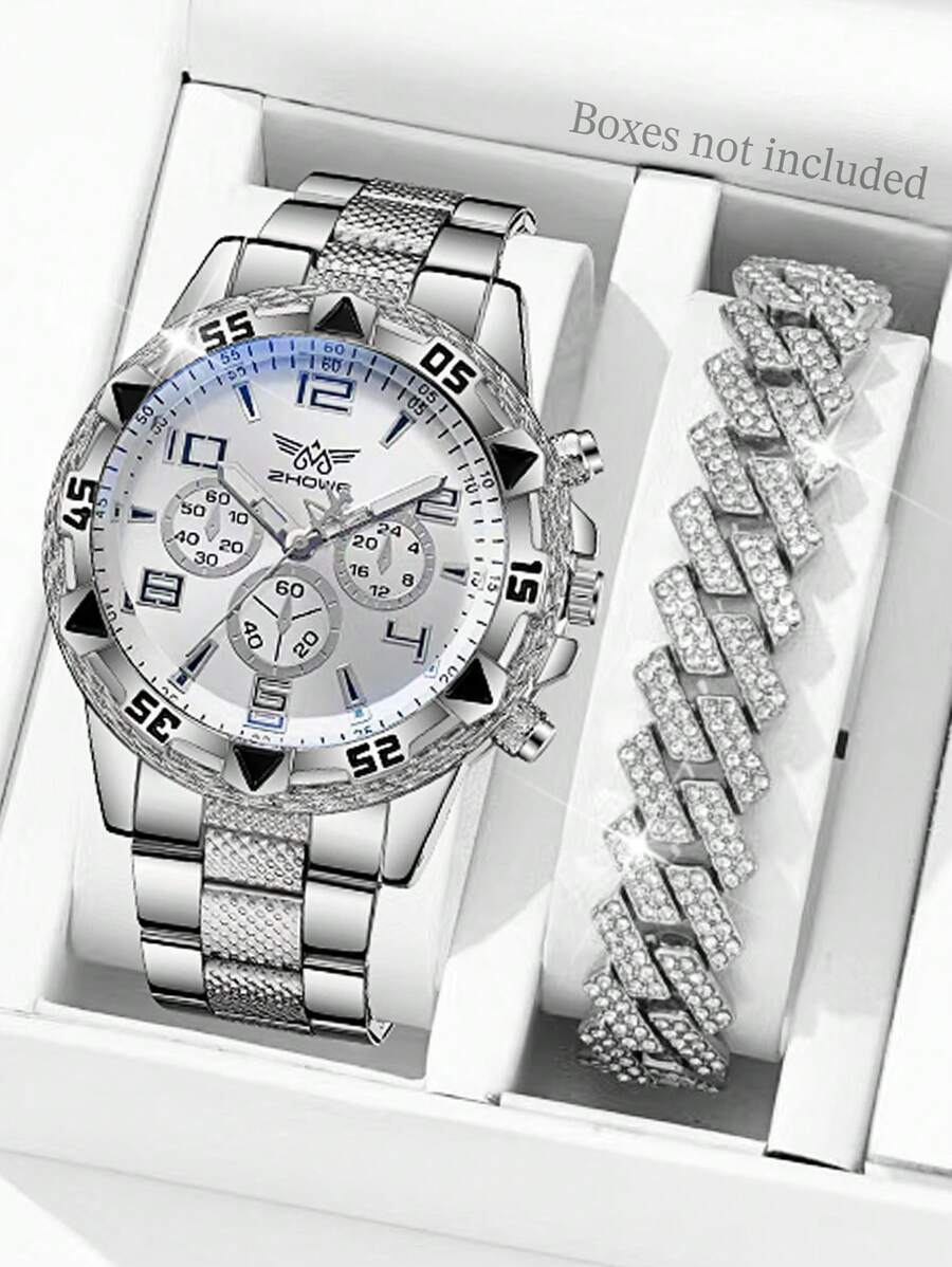 腕時計 メンズ セット 2個セット シルバーメタルベルト メンズ腕時計 ビジネス向け 多機能 デジタル表示クォーツ腕時計& ブレス拍卖