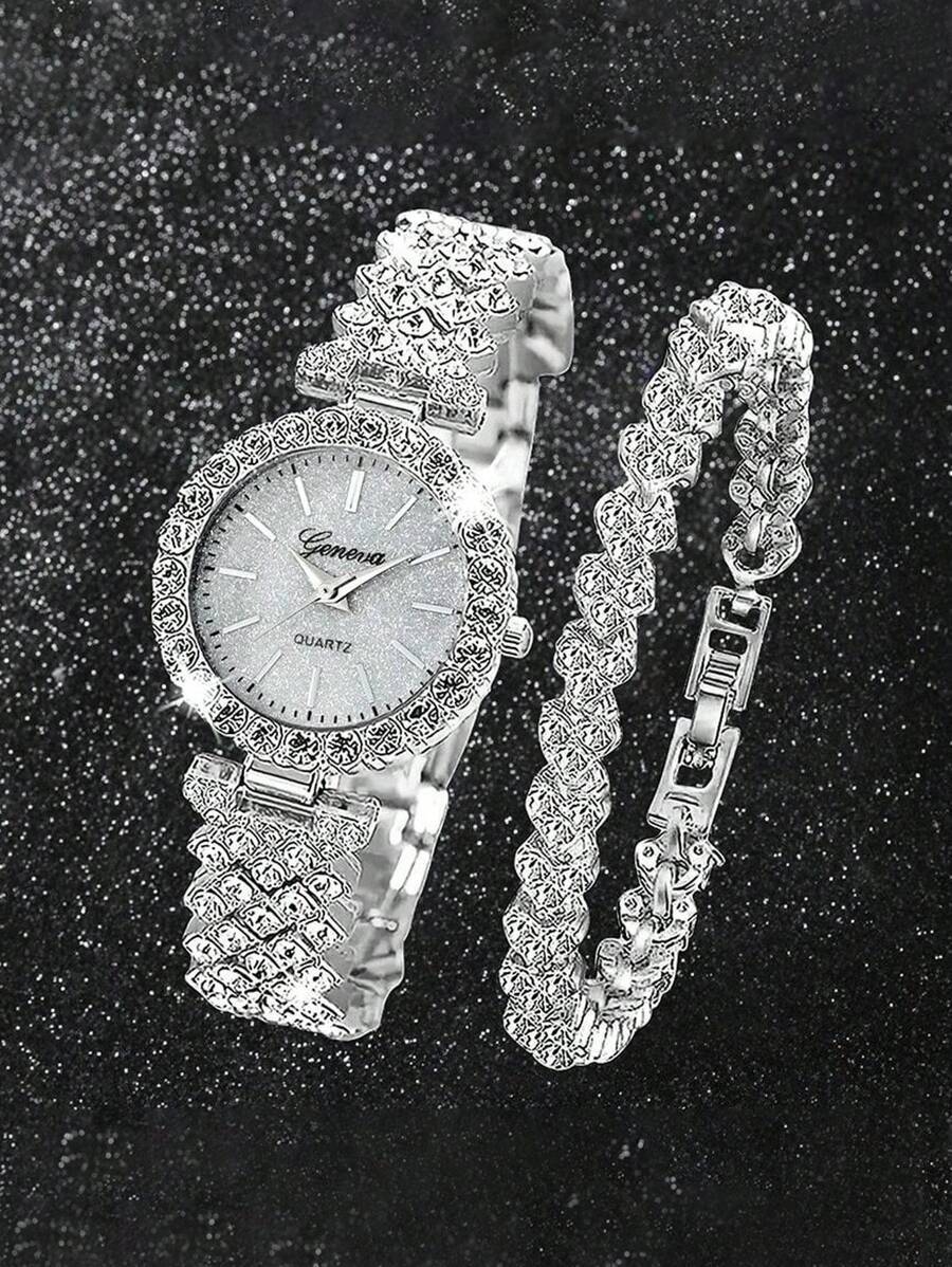 腕時計 レディース セット 2個セット レディースファッションカジュアルロータイプ フルダイヤモンド 英国風 腕時計、ジュエリーア拍卖