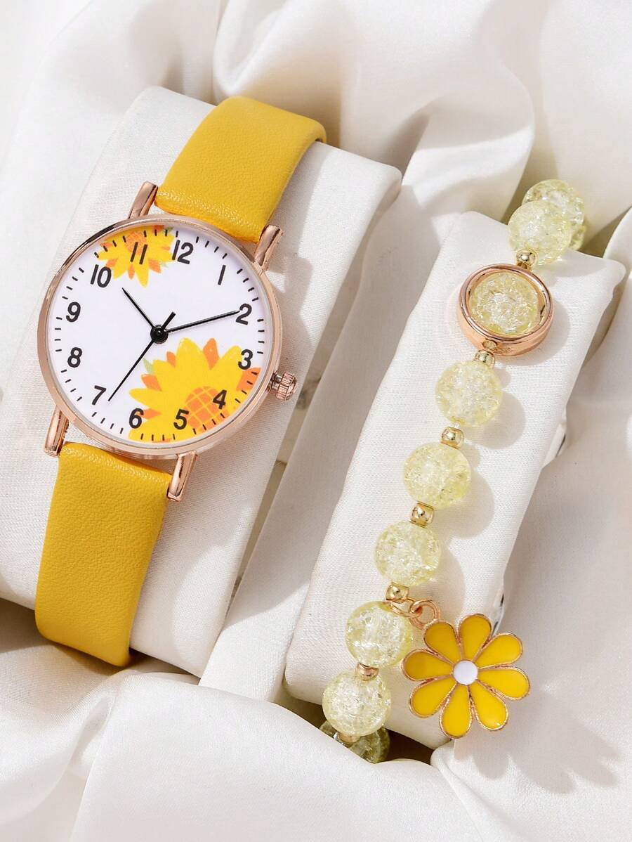 腕時計 レディース セット 2個 レディース イエロー ひまわり PUバンド ファッショナブルカジュアル ラウンドダイヤル クォー拍卖