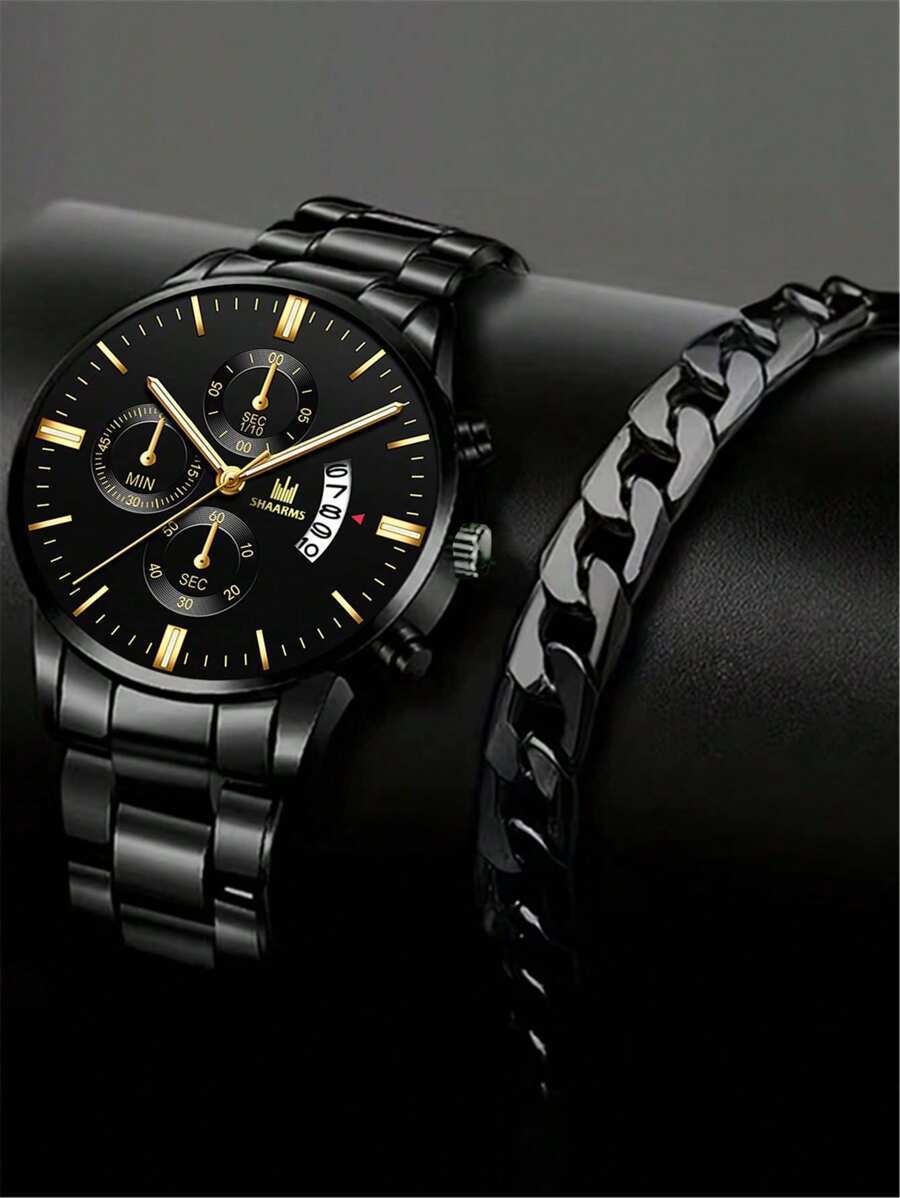 腕時計 メンズ セット メンズビジネス ゴールドポインター クォーツ腕時計 3ダイアル カレンダー付き + メタルブレスレット拍卖