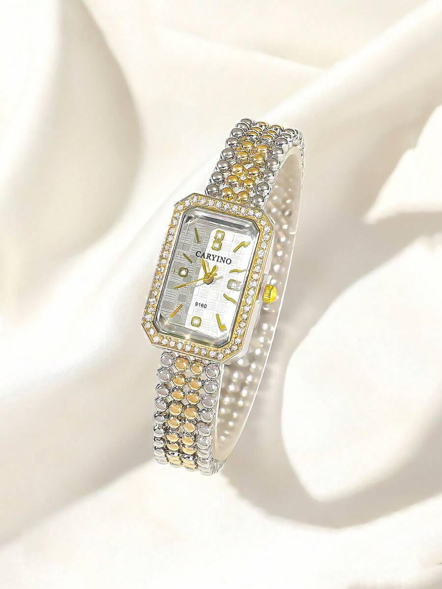 腕時計 レディース クォーツ レディース ステンレススチール ツートンカラー 腕時計バンド 1個、スクエア小さめダイヤル ラインス拍卖