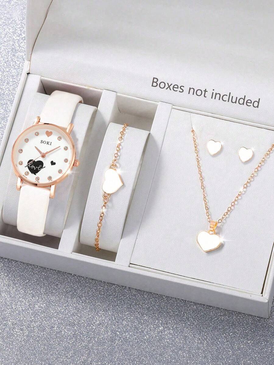 腕時計 レディース セット 1セット レディース腕時計 PUストラップ カジュアル クォーツ腕時計 ネックレス ピアス ブレスレッ拍卖