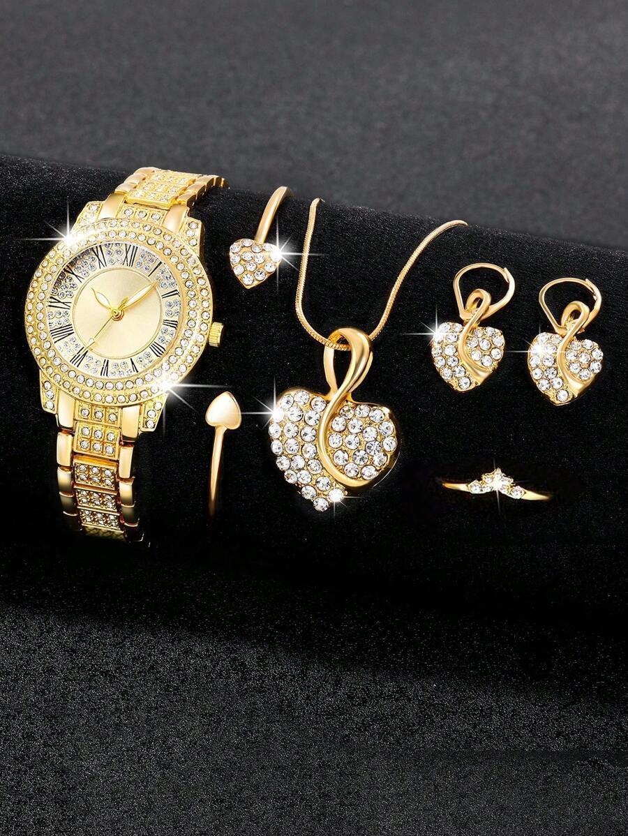 腕時計 レディース セット 1セット 豪華で優雅な女性用クォーツ腕時計、ハートのジュエリーペンダントネックレス、ピアス、リング、ブ拍卖