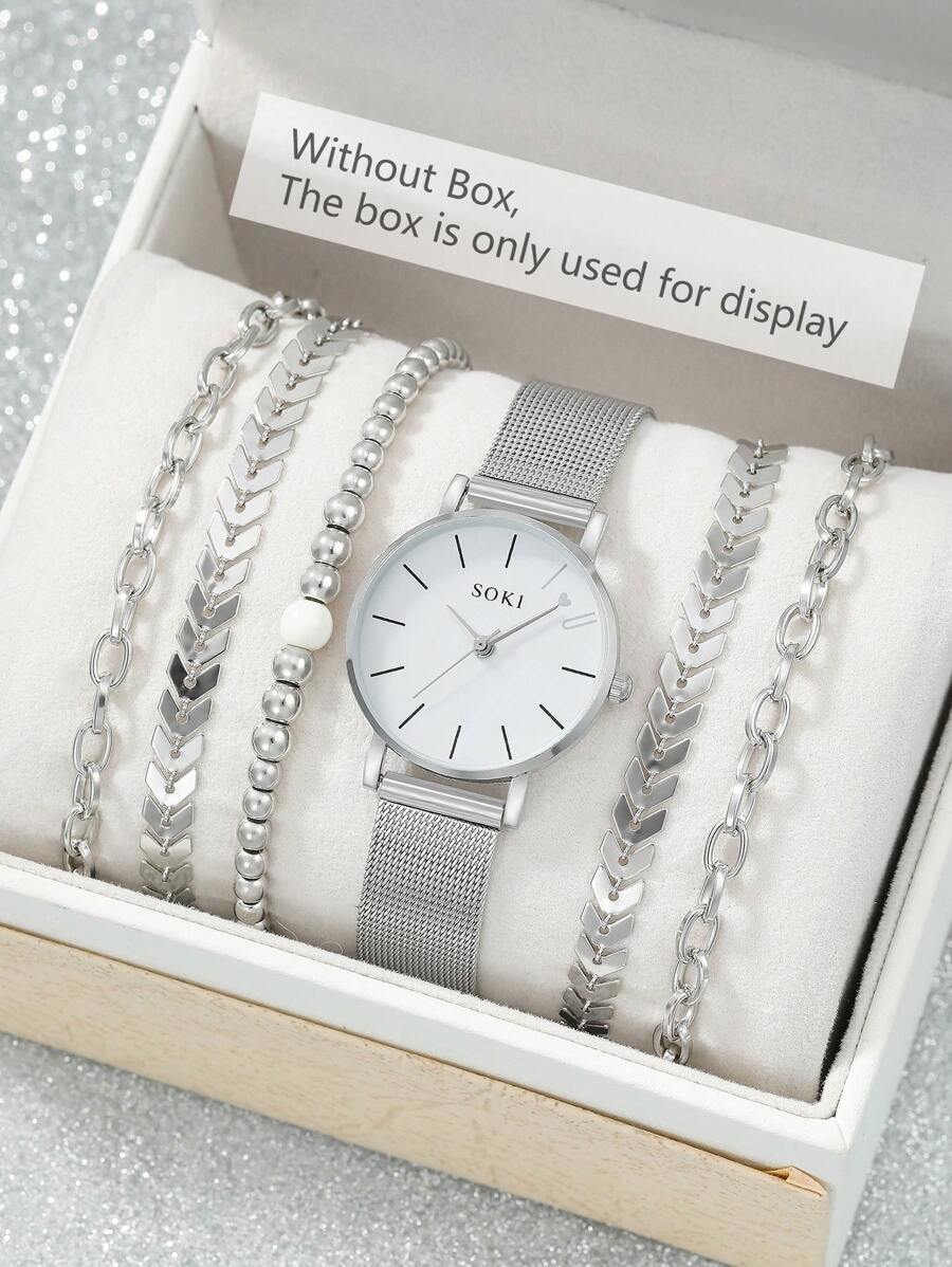 腕時計 レディース セット 女性用ファッション カジュアル 丸型ダイヤル クォーツ腕時計 シンプルチェーンブレスレットセット、毎日拍卖