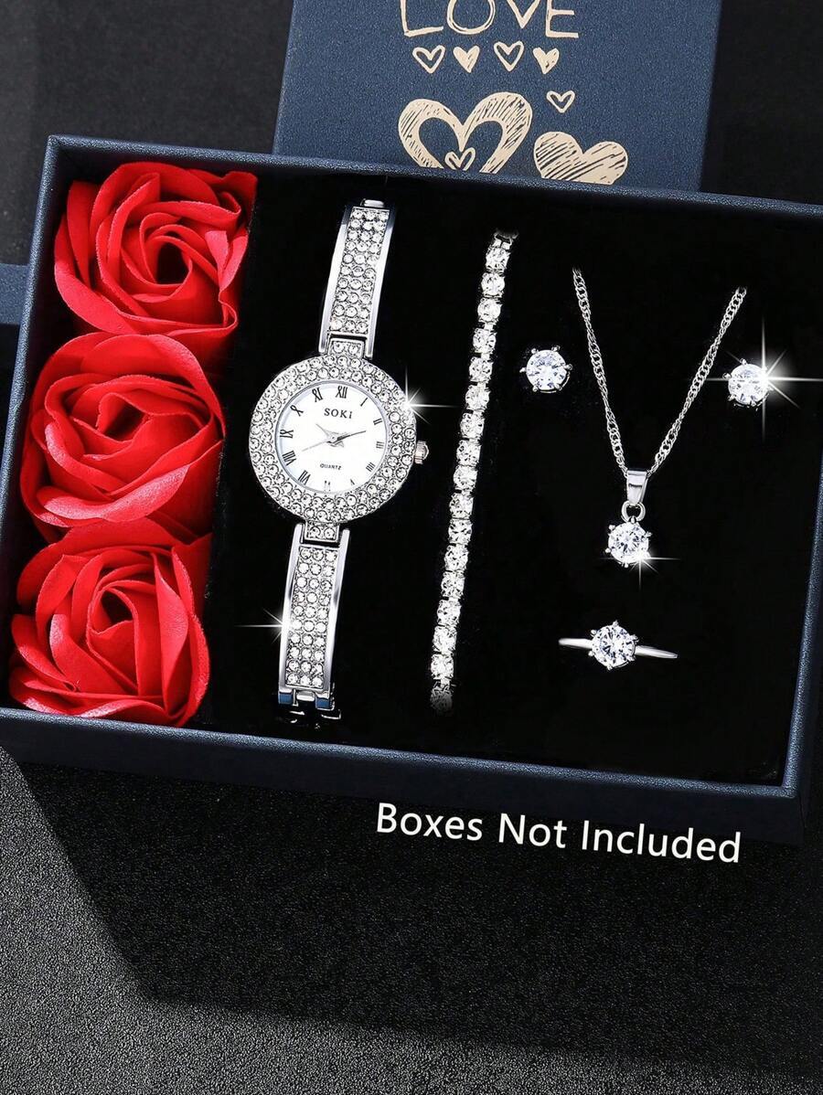 腕時計 レディース セット 1セット レディース腕時計 ステンレススチールバンド ラインストーンデコレーション 丸型ダイヤル クォ拍卖