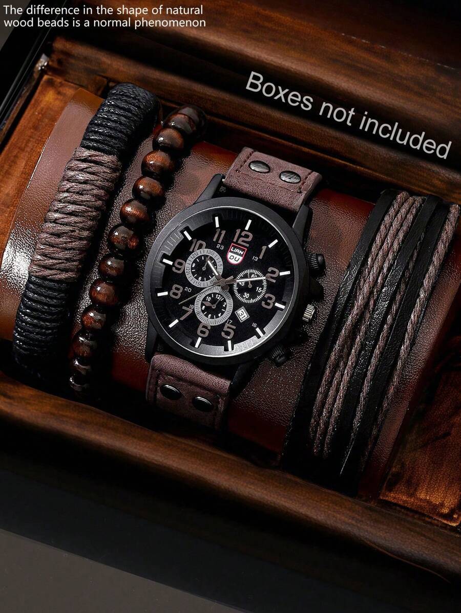 腕時計 メンズ セット 1セット メンズ腕時計 カレンダー スポーツ カジュアル アラビア数字 ラウンドダイヤル PUストラップ拍卖