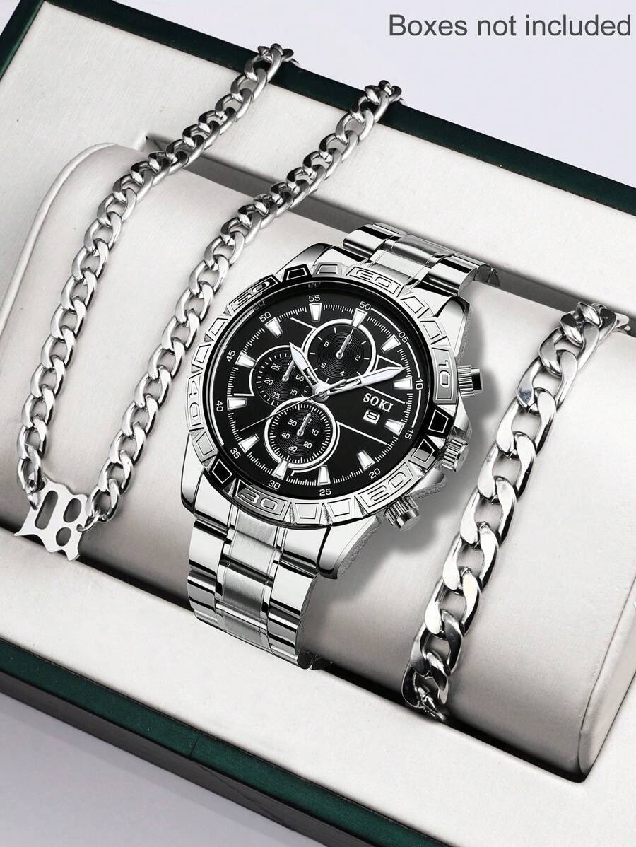 腕時計 メンズ セット ビジネス、ファッション、カレンダー機能付き、調整可能なステンレススチールバンド メンズウォッチ、ネックレス拍卖