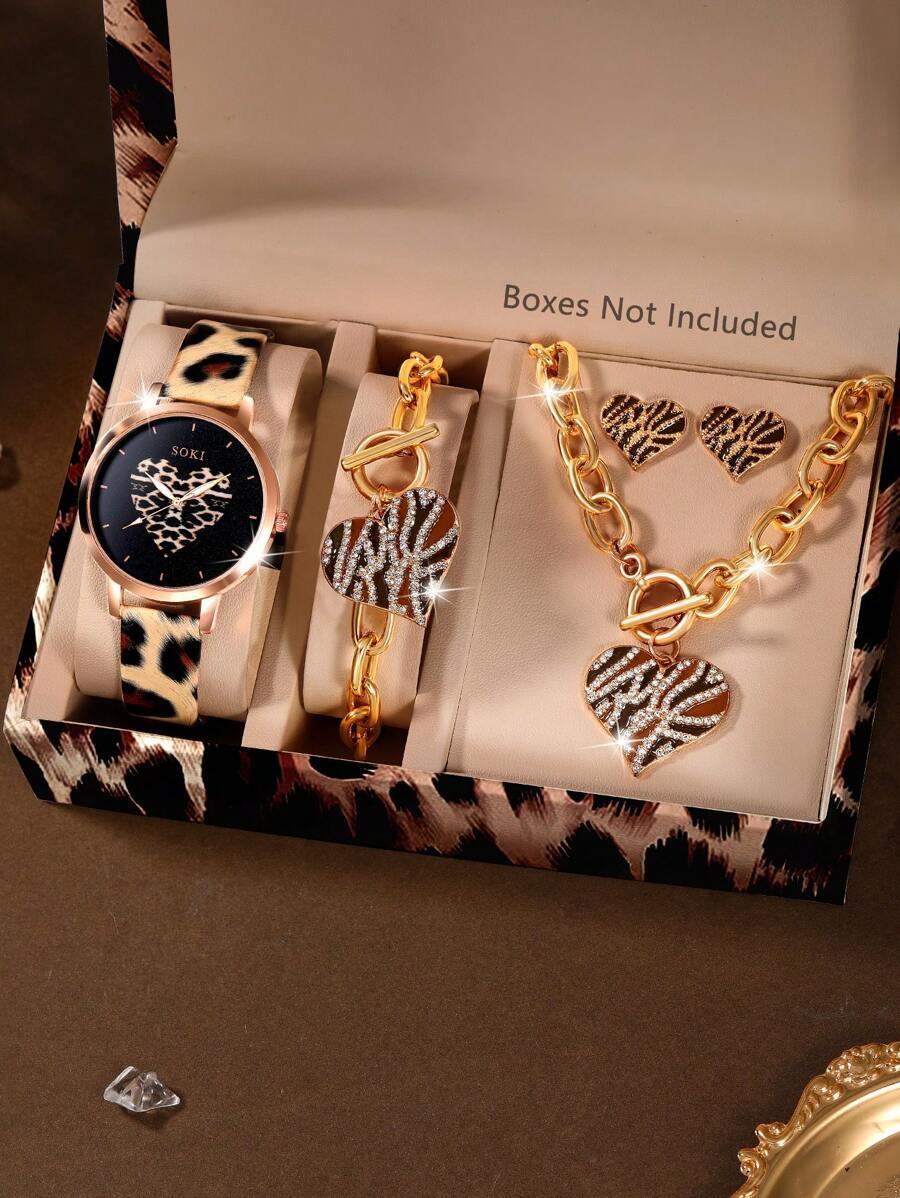 腕時計 レディース セット 1セット パーソナライズ ファッション ヒョウ柄 丸型ダイヤル クォーツ 腕時計 とヒョウ柄ネックレス拍卖