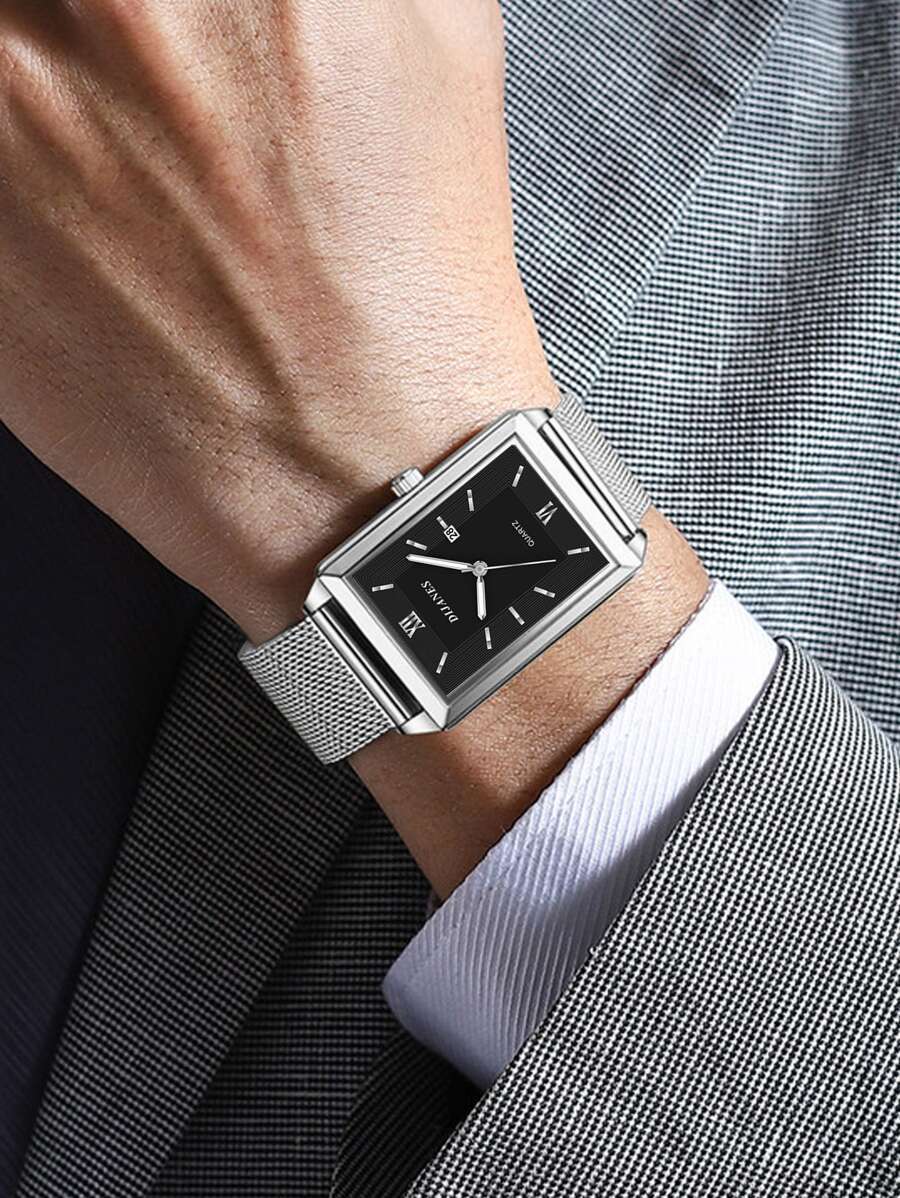 腕時計 メンズ クォーツ 1個メンズシルバーステンレススチールストラップビジネスデイトスクエアダイヤルクォーツウォッチ、日常生活用拍卖