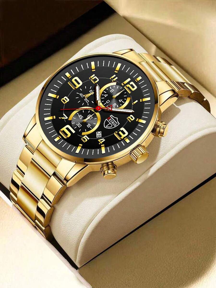 腕時計 メンズ クォーツ 1個 男性 ゴールド ステンレス鋼 ストラップ ビジネス 丸い , 日常の装飾用 ダイヤルクォーツウォッ拍卖