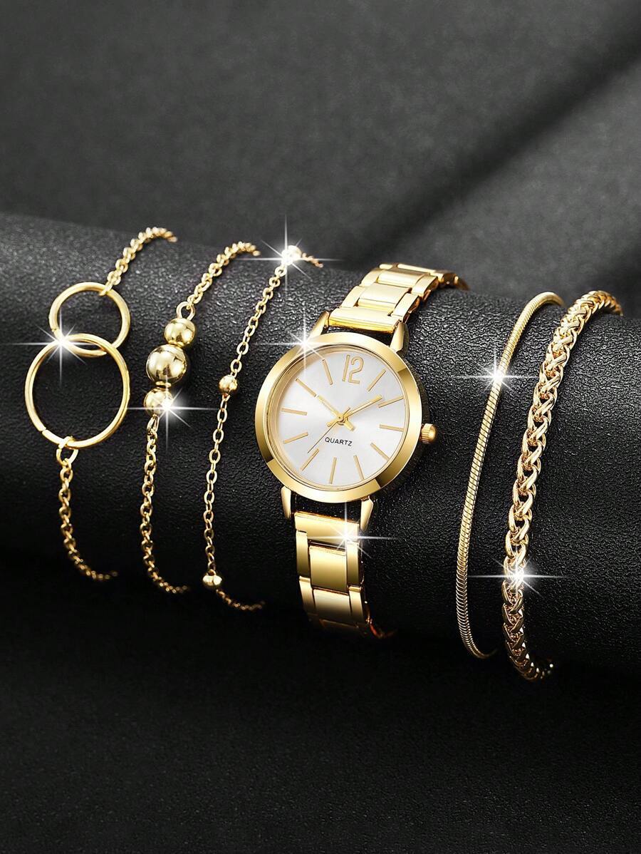 腕時計 レディース セット 女性用ファッション カジュアル 丸型ダイヤル クォーツ腕時計 シンプルチェーンブレスレットセット、毎日拍卖