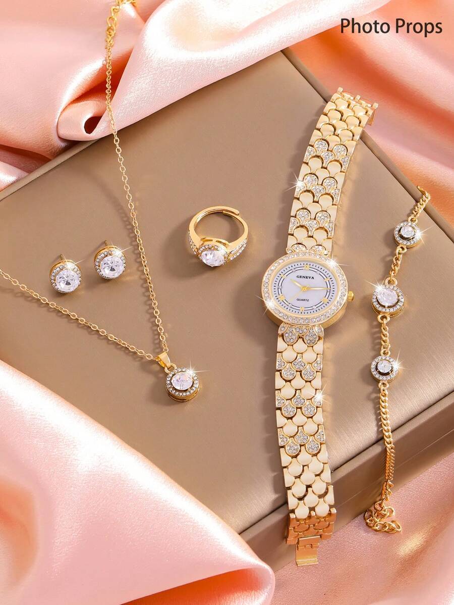 腕時計 レディース セット 1セット レディース腕時計 ジンク合金ストラップ ラインストーンデコレーション ラウンドダイヤル クォ拍卖