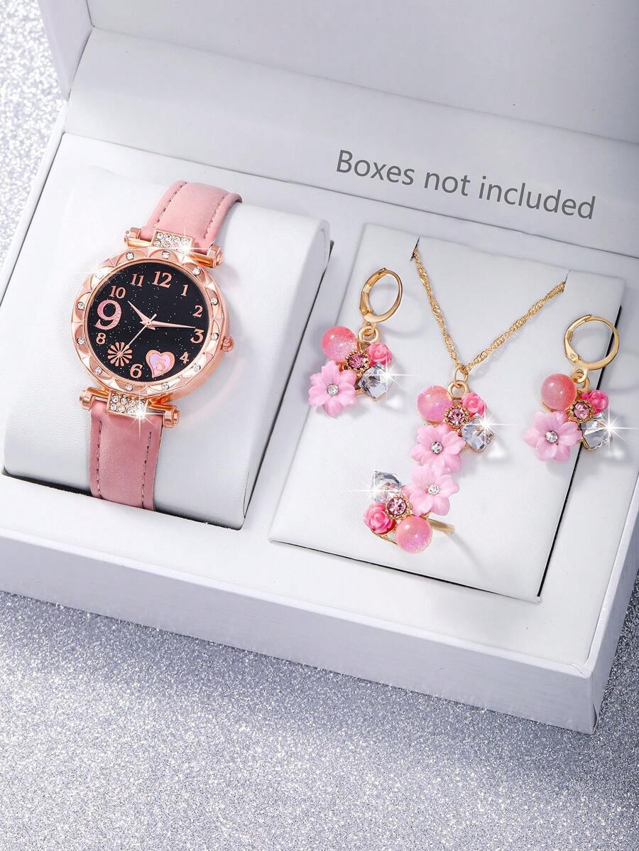 腕時計 レディース セット 1セット レディース腕時計 ピンクPUレザーバンド クォーツ式 ファッショナブルなラインストーン装飾幾拍卖