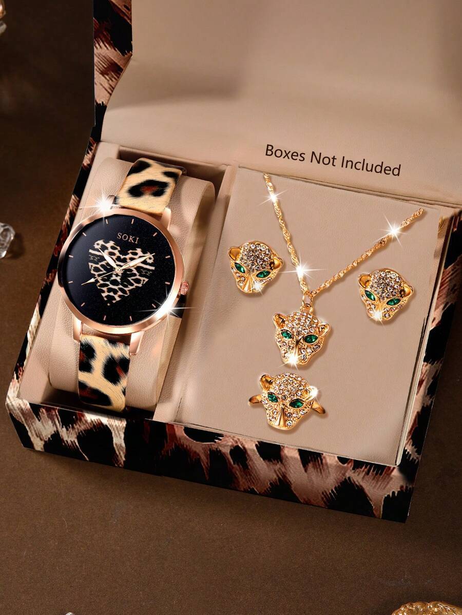 腕時計 レディース セット 1セット レディース腕時計 レオパード柄PUストラップクォーツ腕時計 レオパード頭飾りネックレス、ピア拍卖