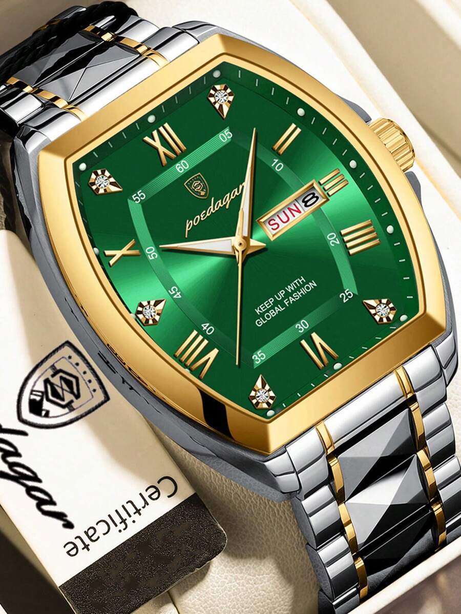 腕時計 メンズ クォーツ 1個 ビジネスメンズステンレススチール デイト ウィーク トノー型ダイヤル クォーツ腕時計、高級防水発光拍卖