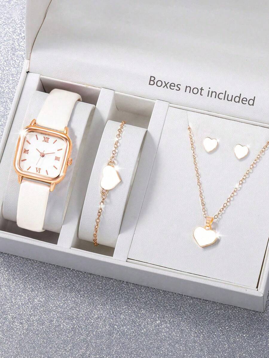 腕時計 レディース セット 1セット レディース腕時計 PUストラップ カジュアル クォーツ腕時計 ネックレス ピアス ブレスレッ拍卖