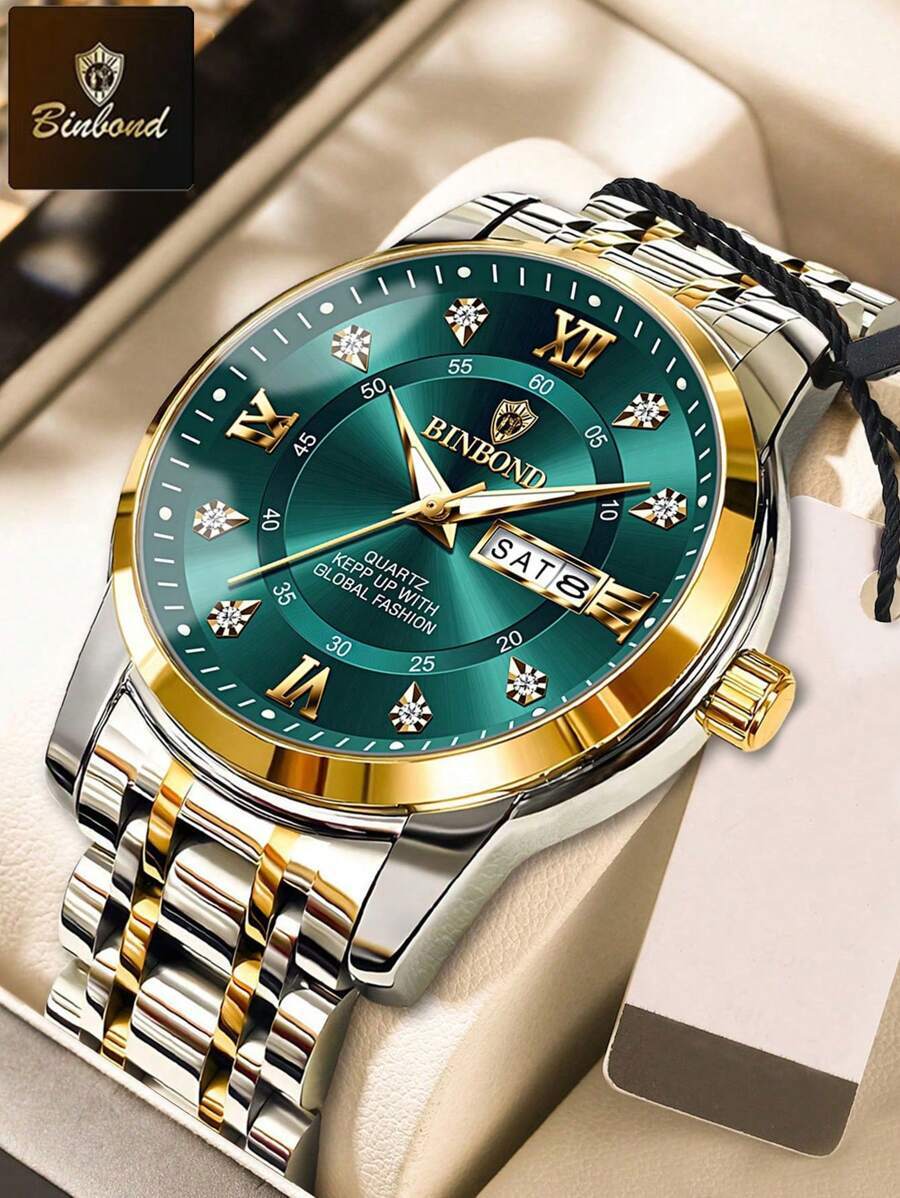 腕時計 メンズ クォーツ ラグジュアリーウォッチ 男性向けエレガントなデイト&ウィーク 水に強い 蓄光機能付き ステンレススチール拍卖