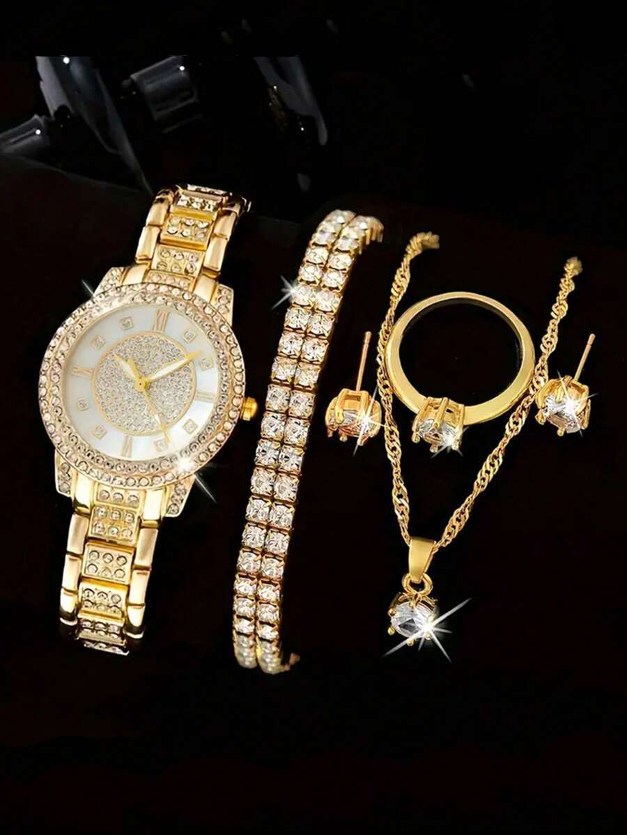 腕時計 レディース セット 女性用ファッションウォッチセット、ラグジュアリー、クォーツ腕時計、バングル、5個のラインストーンアクセ拍卖
