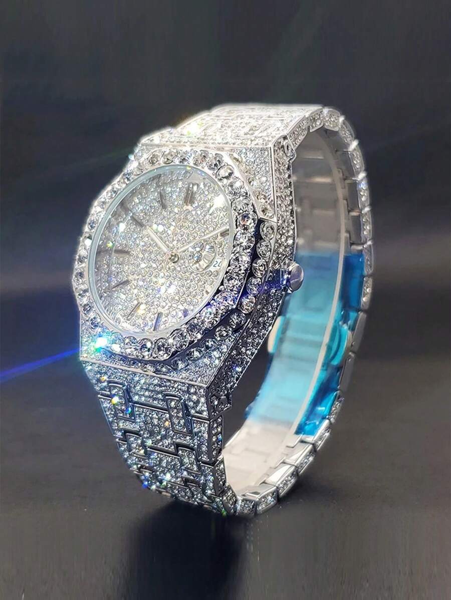 腕時計 メンズ クォーツ メンズ プラチナ メッキ パーティー ヒップホップ ラインストーン 付き カレンダー 機能 トップ ファ拍卖