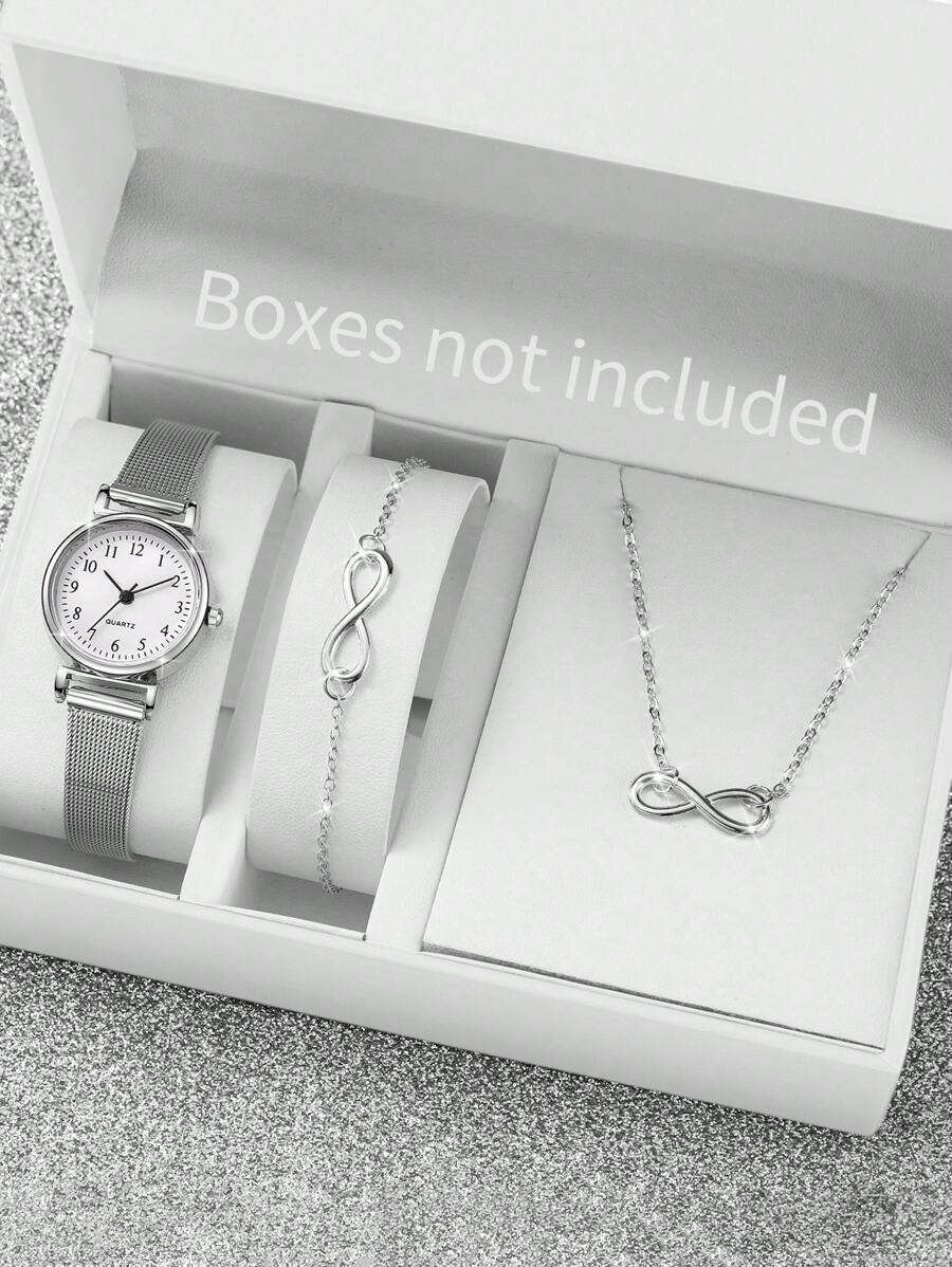 腕時計 レディース セット 女性用メッシュストラップ 最小限デザイン 数字ダイヤル クォーツ腕時計 + 8の字型ジュエリーセット拍卖