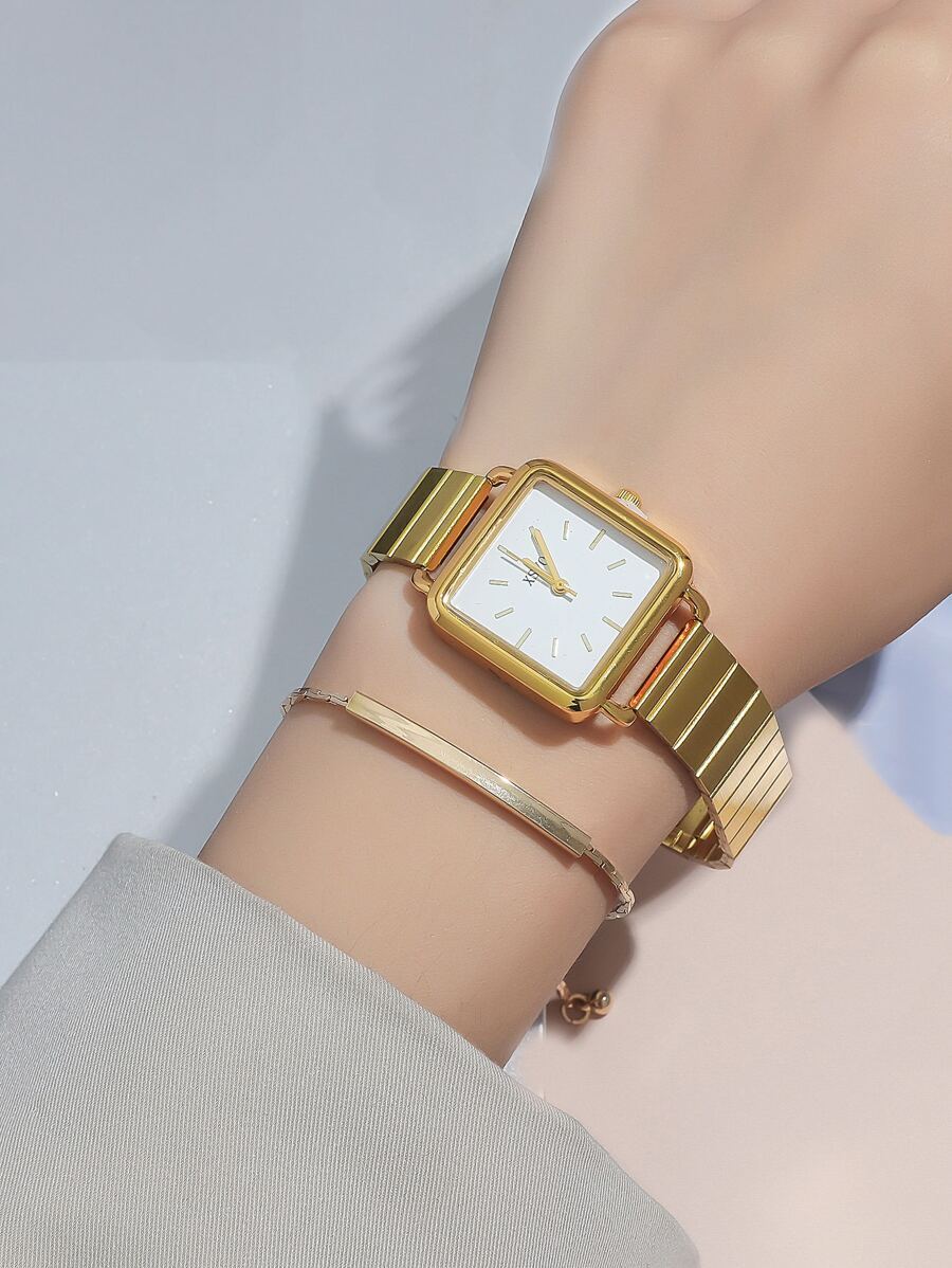 腕時計 レディース セット 2個セット スクエア スチールストラップ ウォッチ + ブレスレット、デイリーコーディネートに、誕生日拍卖