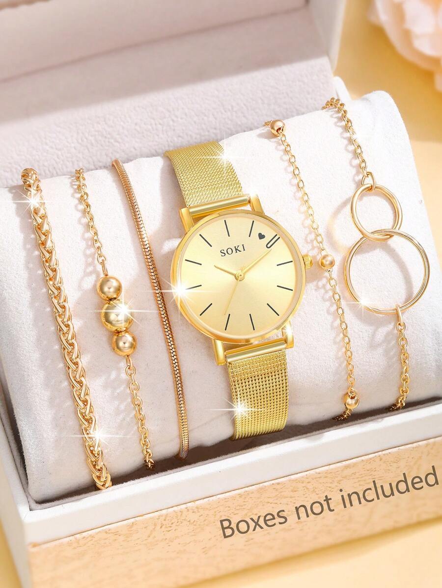 腕時計 レディース セット 女性用ファッション カジュアル 丸型ダイヤル クォーツ腕時計 シンプルチェーンブレスレットセット、毎日拍卖