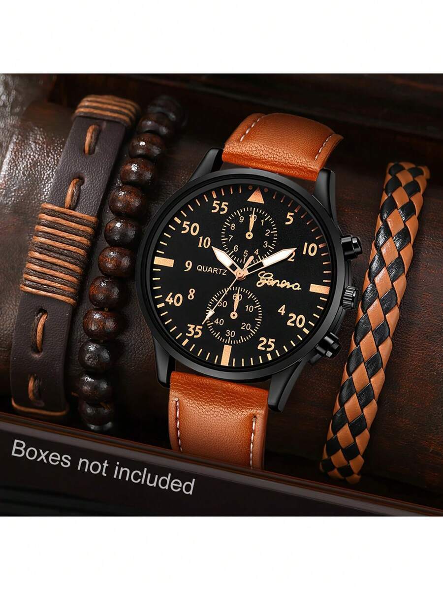 腕時計 メンズ セット メンズ腕時計カレンダー付きカジュアルスポーツファッション工業的スタイル丸型文字盤クォーツ腕時計とレザーブレ拍卖
