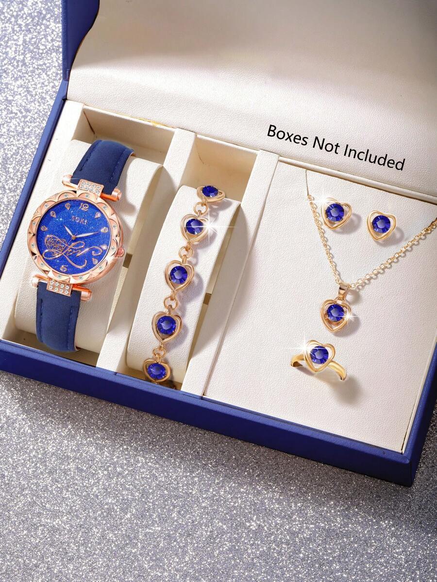 腕時計 レディース セット レディース腕時計セット、ピーチ型ダイヤル、ハート型ネックレス、ピアス、ブレスレット、リング付き、カジュ拍卖