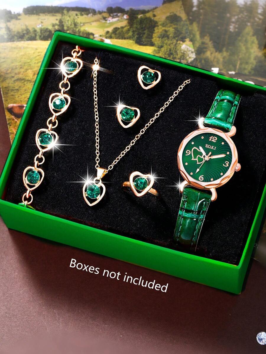 腕時計 レディース セット レディース腕時計セット、ピーチ型ダイヤル、ハート型ネックレス、ピアス、ブレスレット、リング付き、カジュ拍卖