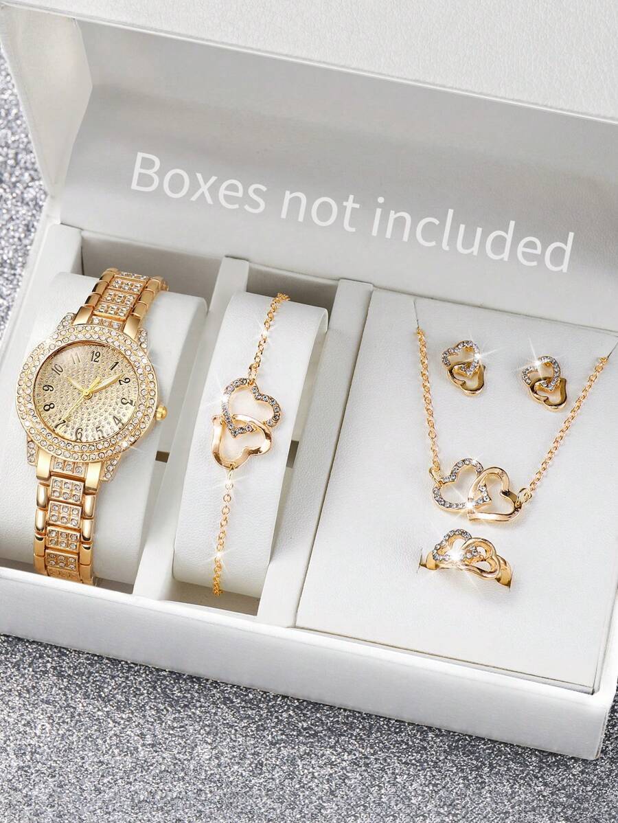 腕時計 レディース セット 女性用鋼製ベルト ファッショナブル クオーツ腕時計 ラインストーンダイヤル付き + ハート型ジュエリー拍卖