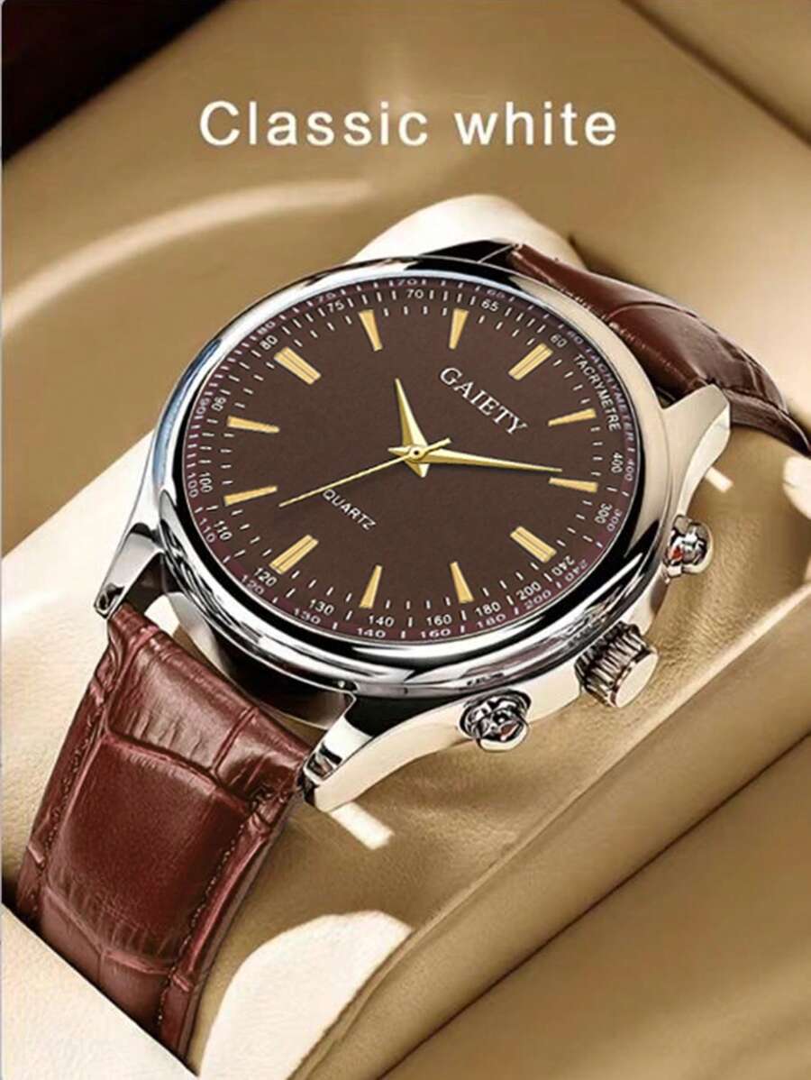 腕時計 メンズ クォーツ 1個 メンズブラウンPUレザーストラップ ファッションカジュアル クラシック シンプル バースケール ダ拍卖